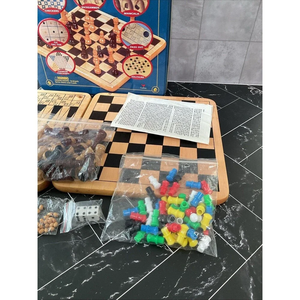 Family 7+ Mancala Game Center 8 Classic Board Games Solid Wood in Tin EUC